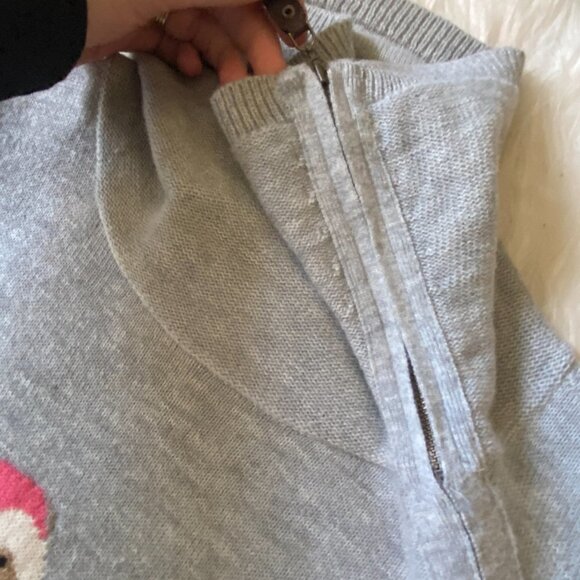 Talbots Novelty Bird Sweater Asymmetrical Zip "Seasons Tweetings" Grey Wool L - Picture 6 of 8